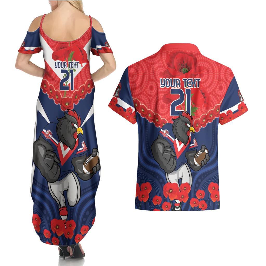 Custom Roosters Rugby ANZAC Couples Matching Summer Maxi Dress and Hawaiian Shirt Sydney Gallipoli Soldier With Aboriginal Art