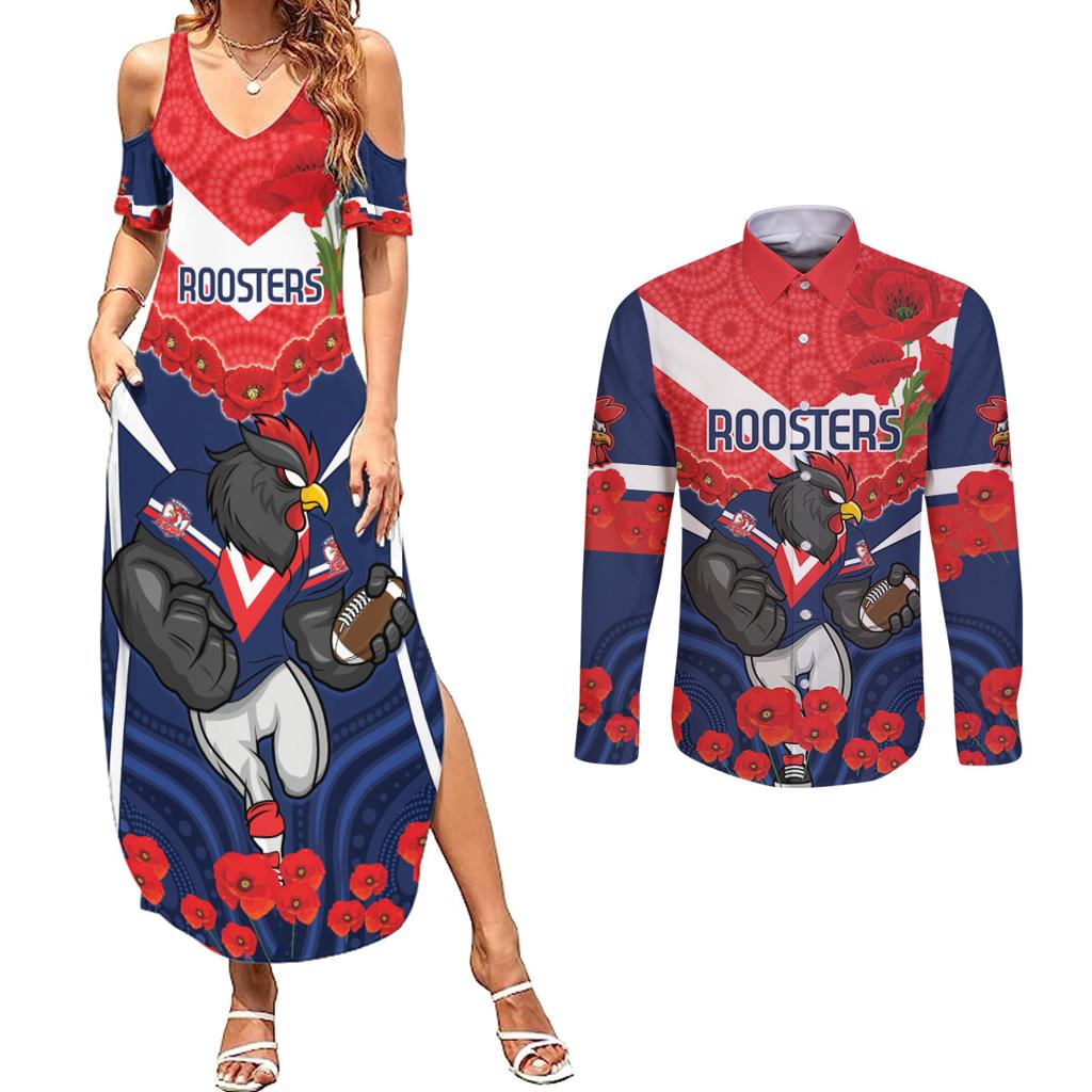 Custom Roosters Rugby ANZAC Couples Matching Summer Maxi Dress and Long Sleeve Button Shirt Sydney Gallipoli Soldier With Aboriginal Art