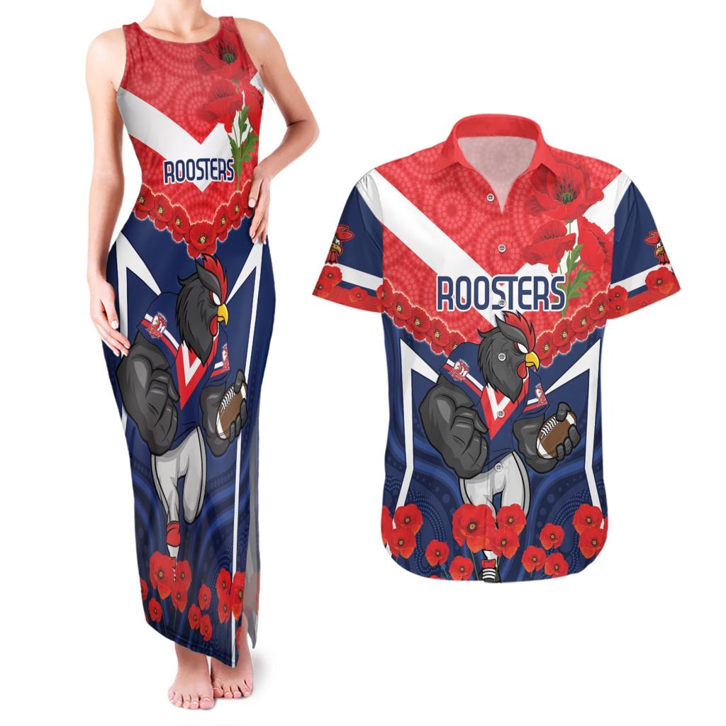 Custom Roosters Rugby ANZAC Couples Matching Tank Maxi Dress and Hawaiian Shirt Sydney Gallipoli Soldier With Aboriginal Art