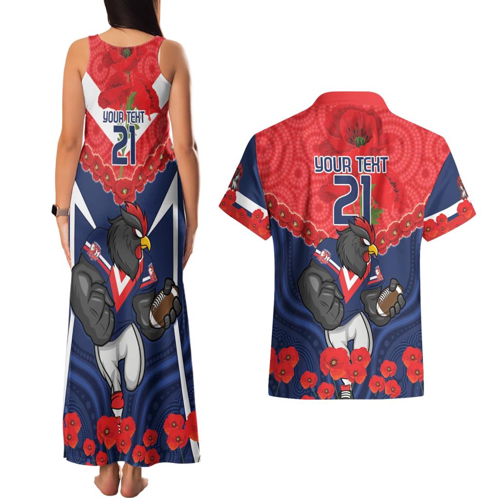 Custom Roosters Rugby ANZAC Couples Matching Tank Maxi Dress and Hawaiian Shirt Sydney Gallipoli Soldier With Aboriginal Art