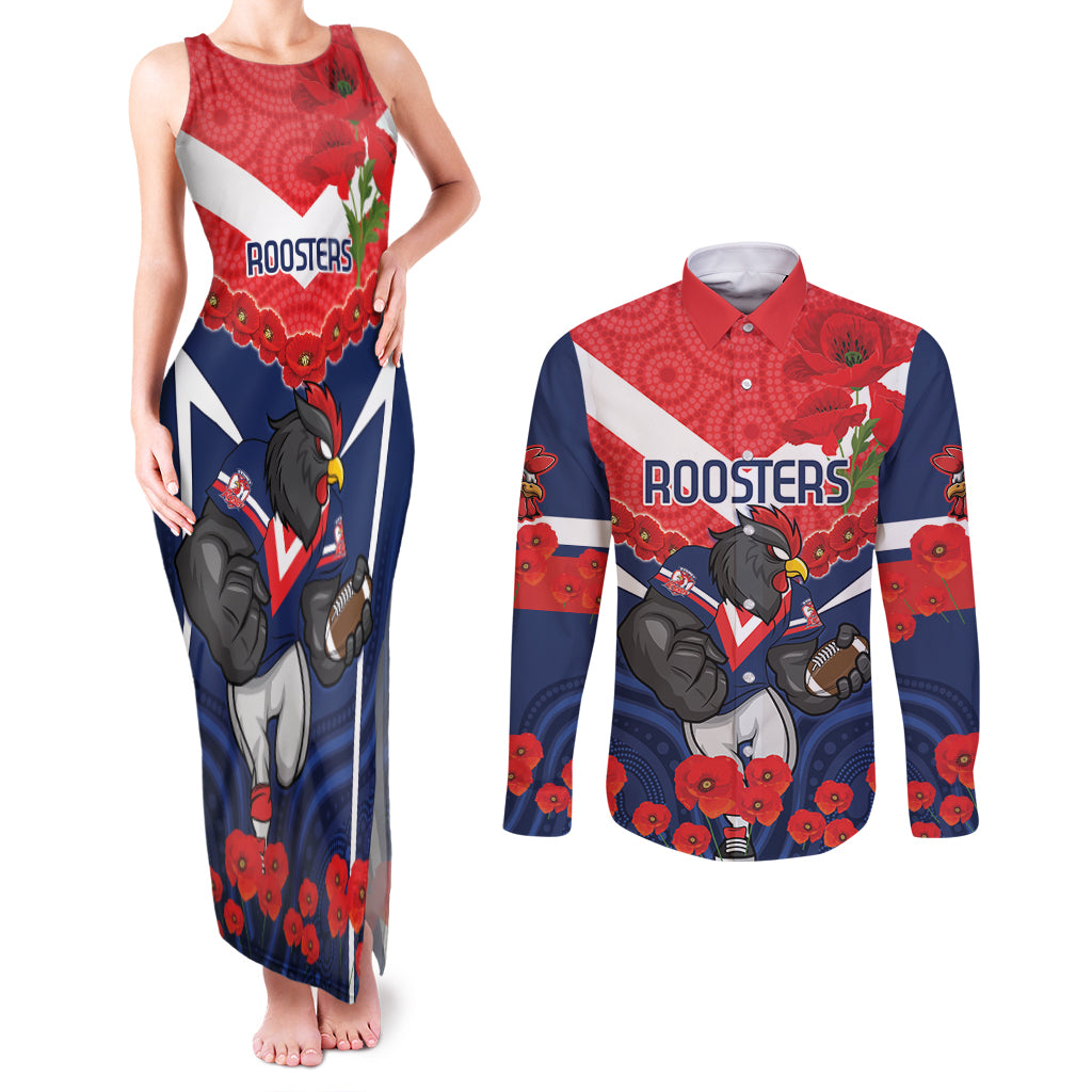 Custom Roosters Rugby ANZAC Couples Matching Tank Maxi Dress and Long Sleeve Button Shirt Sydney Gallipoli Soldier With Aboriginal Art