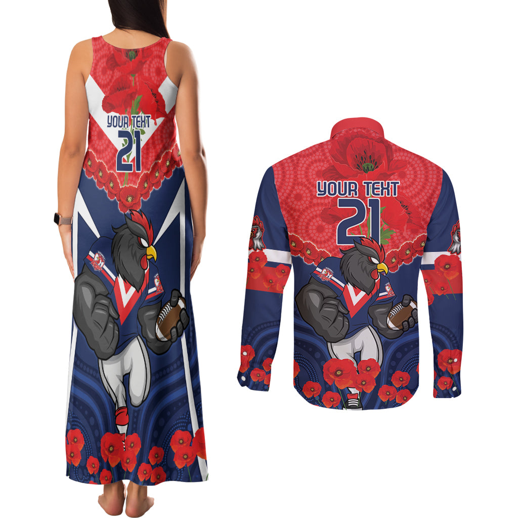 Custom Roosters Rugby ANZAC Couples Matching Tank Maxi Dress and Long Sleeve Button Shirt Sydney Gallipoli Soldier With Aboriginal Art