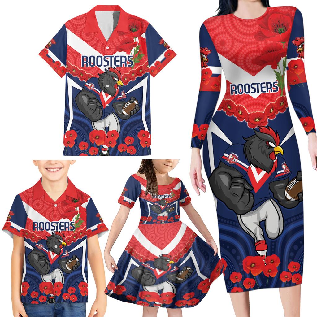 Custom Roosters Rugby ANZAC Family Matching Long Sleeve Bodycon Dress and Hawaiian Shirt Sydney Gallipoli Soldier With Aboriginal Art