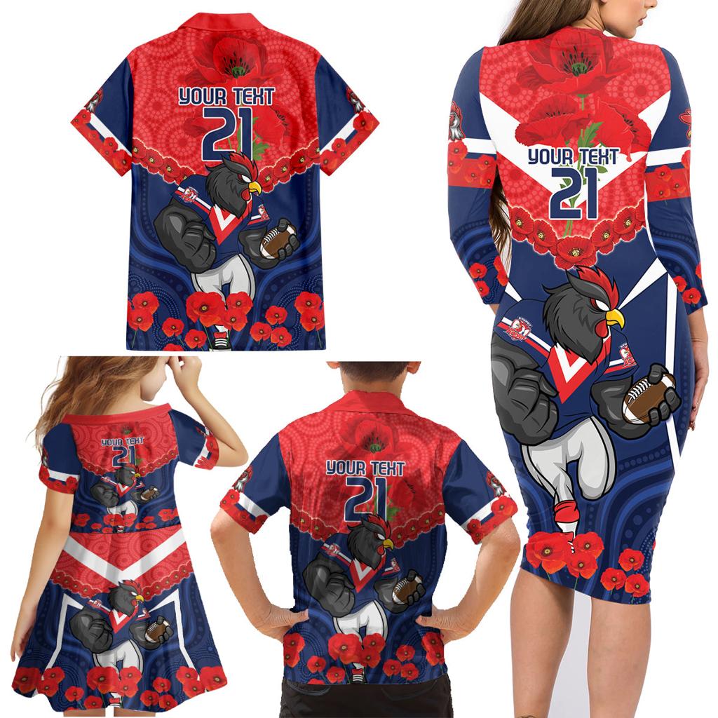 Custom Roosters Rugby ANZAC Family Matching Long Sleeve Bodycon Dress and Hawaiian Shirt Sydney Gallipoli Soldier With Aboriginal Art