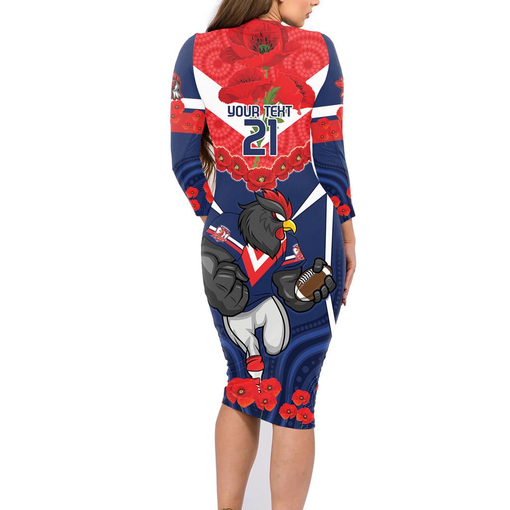 Custom Roosters Rugby ANZAC Family Matching Long Sleeve Bodycon Dress and Hawaiian Shirt Sydney Gallipoli Soldier With Aboriginal Art