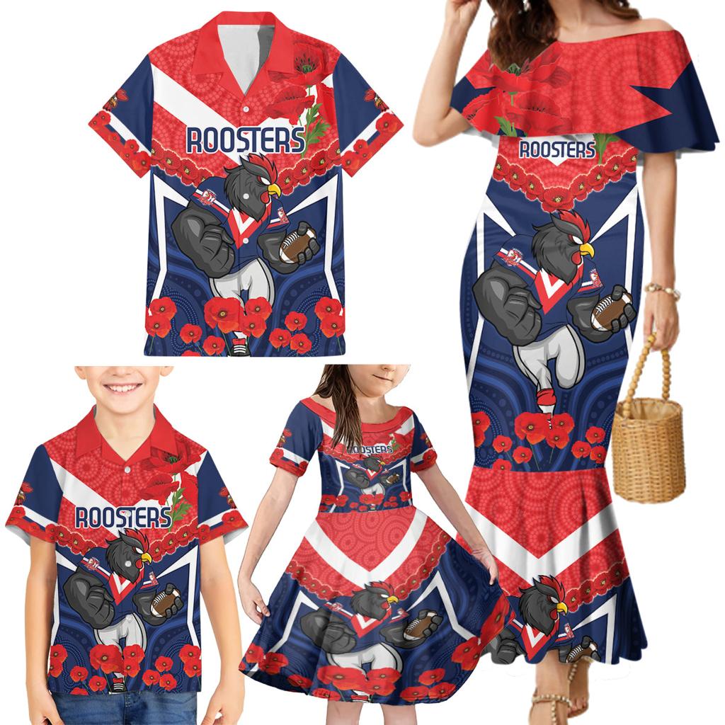 Custom Roosters Rugby ANZAC Family Matching Mermaid Dress and Hawaiian Shirt Sydney Gallipoli Soldier With Aboriginal Art