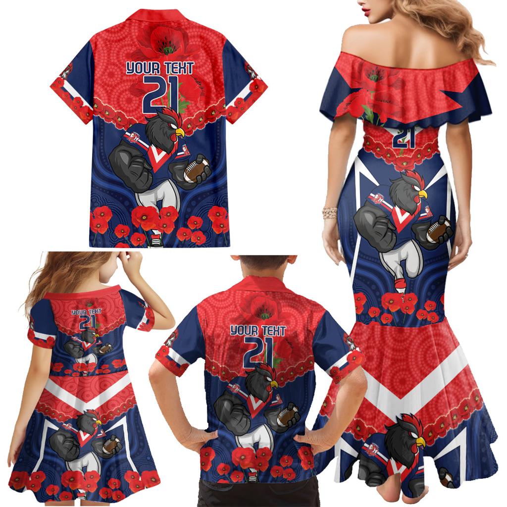 Custom Roosters Rugby ANZAC Family Matching Mermaid Dress and Hawaiian Shirt Sydney Gallipoli Soldier With Aboriginal Art