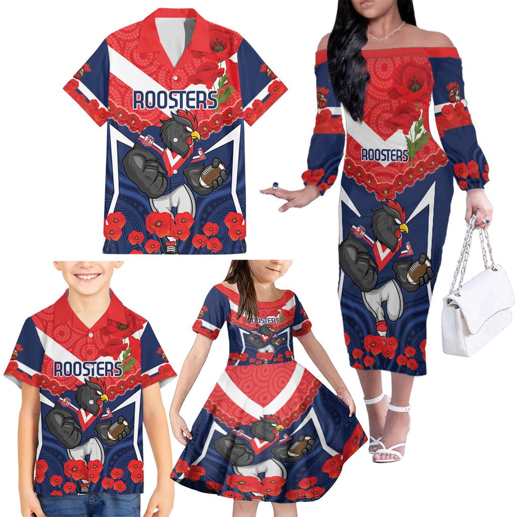 Custom Roosters Rugby ANZAC Family Matching Off The Shoulder Long Sleeve Dress and Hawaiian Shirt Sydney Gallipoli Soldier With Aboriginal Art