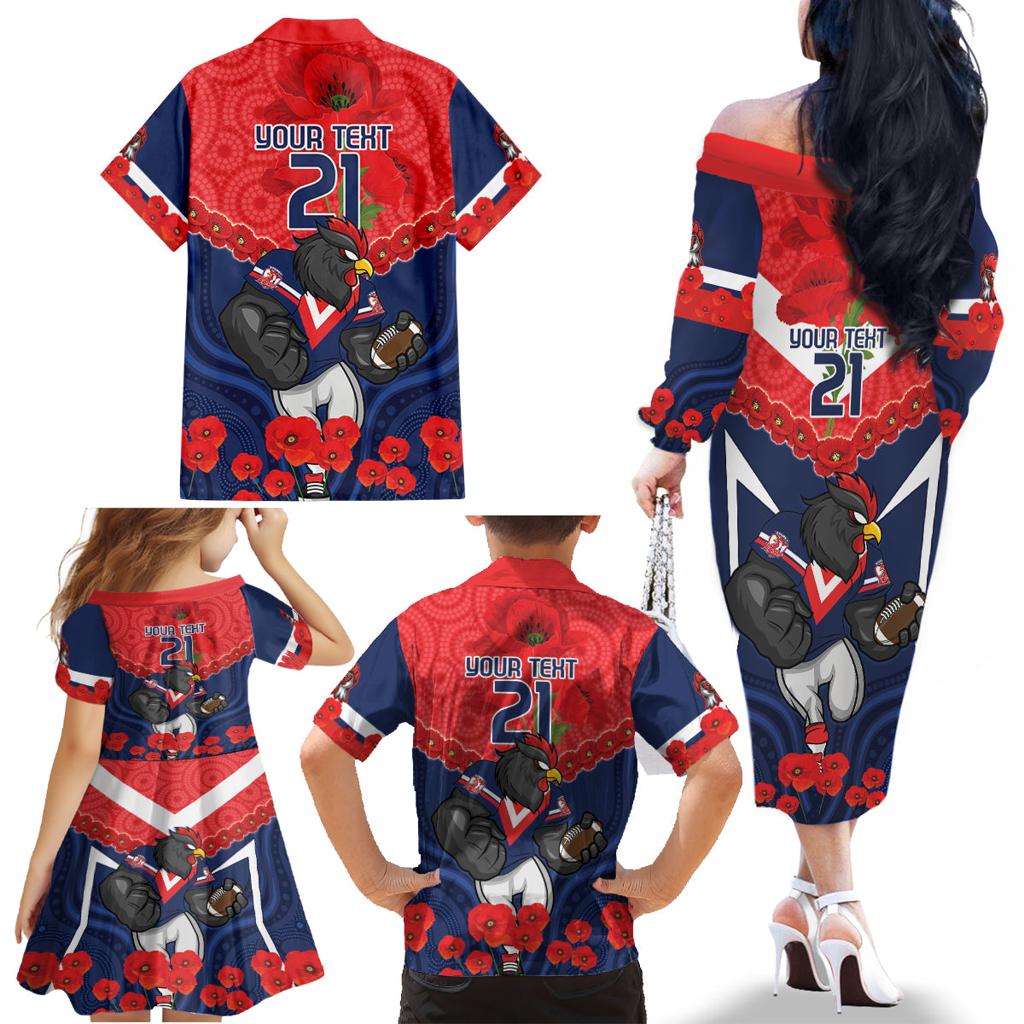 Custom Roosters Rugby ANZAC Family Matching Off The Shoulder Long Sleeve Dress and Hawaiian Shirt Sydney Gallipoli Soldier With Aboriginal Art