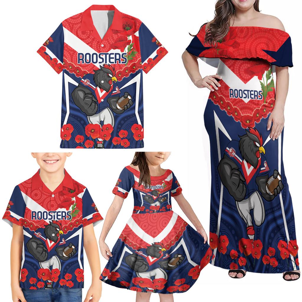 Custom Roosters Rugby ANZAC Family Matching Off Shoulder Maxi Dress and Hawaiian Shirt Sydney Gallipoli Soldier With Aboriginal Art