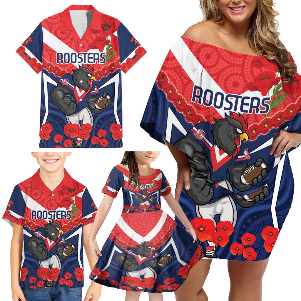 Custom Roosters Rugby ANZAC Family Matching Off Shoulder Short Dress and Hawaiian Shirt Sydney Gallipoli Soldier With Aboriginal Art