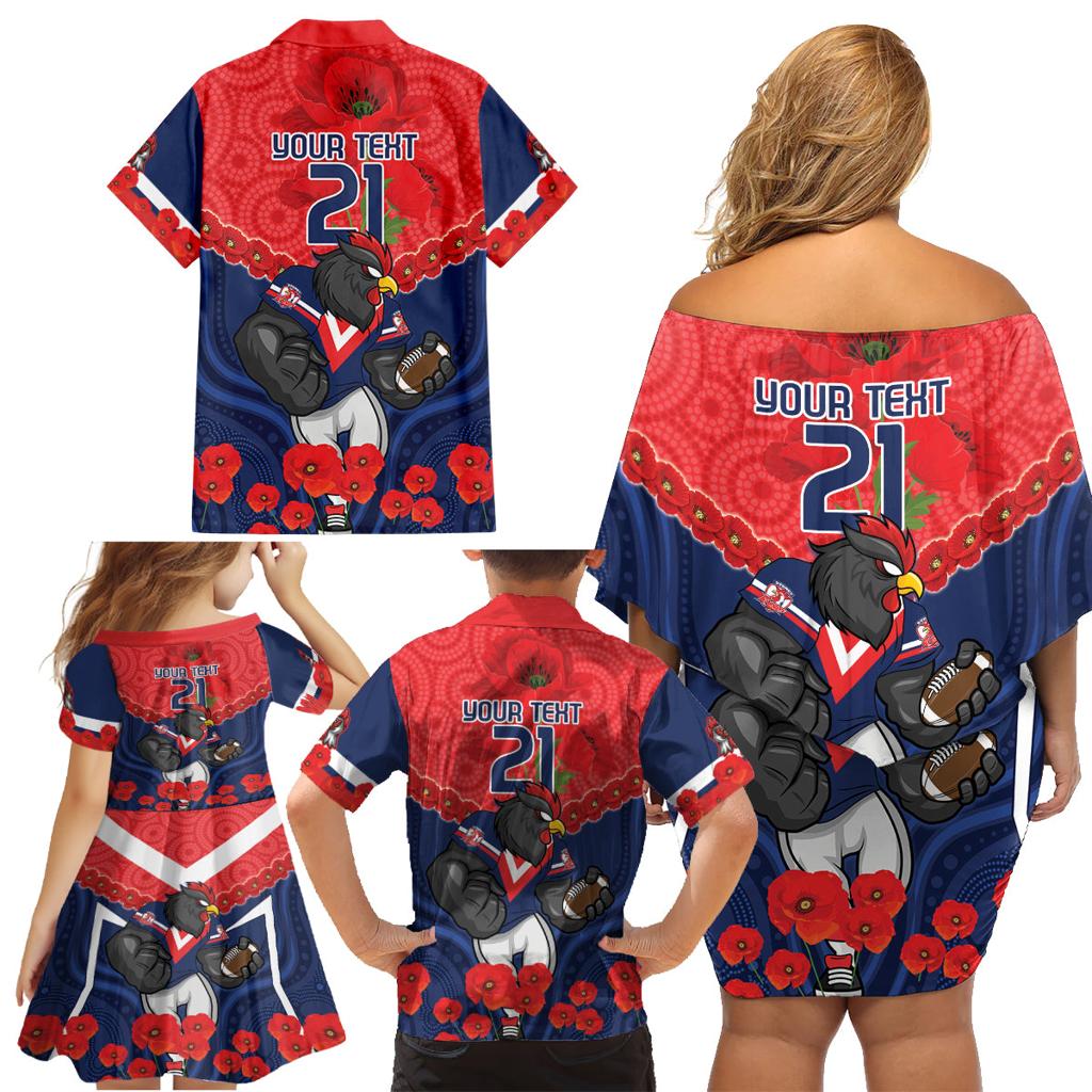 Custom Roosters Rugby ANZAC Family Matching Off Shoulder Short Dress and Hawaiian Shirt Sydney Gallipoli Soldier With Aboriginal Art