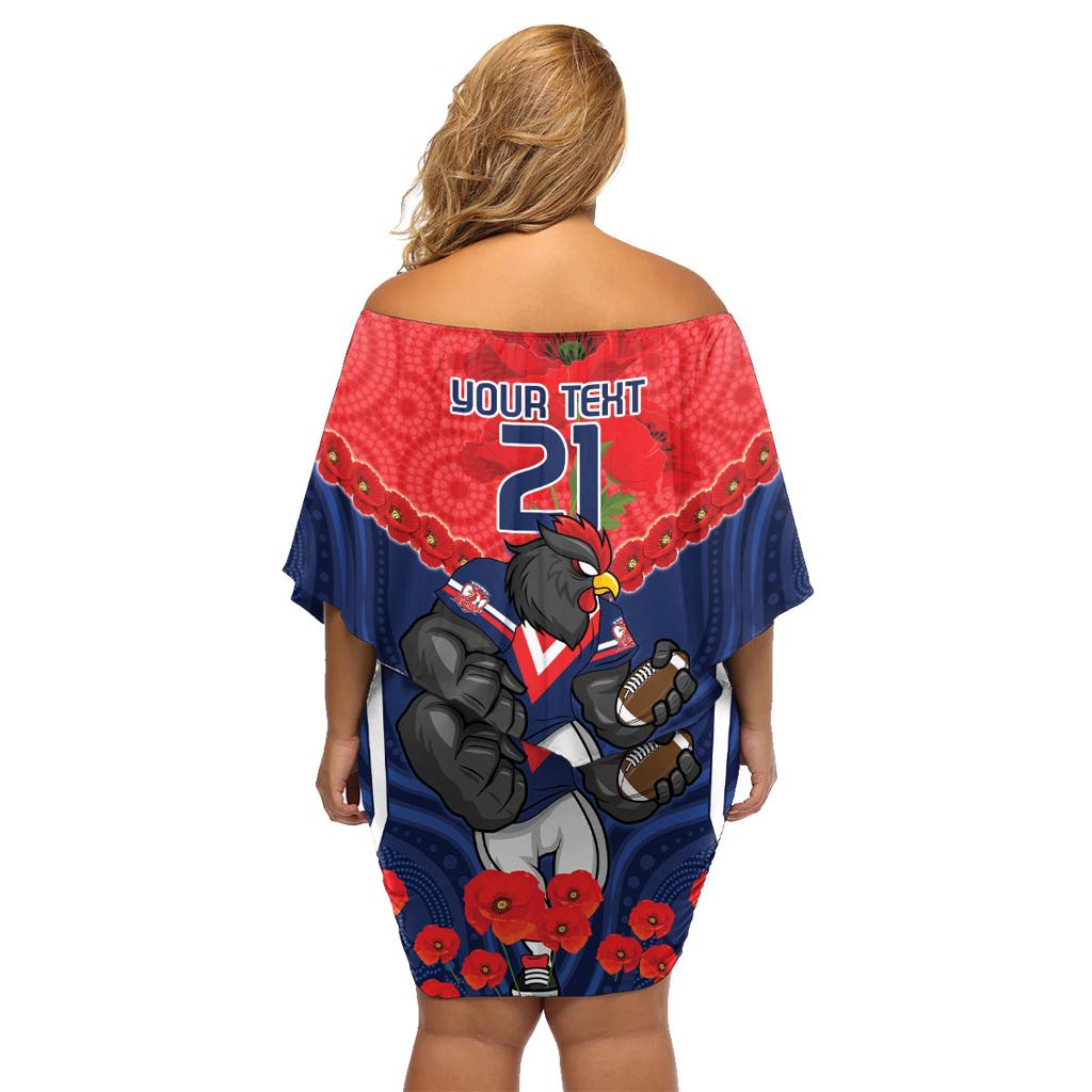 Custom Roosters Rugby ANZAC Family Matching Off Shoulder Short Dress and Hawaiian Shirt Sydney Gallipoli Soldier With Aboriginal Art