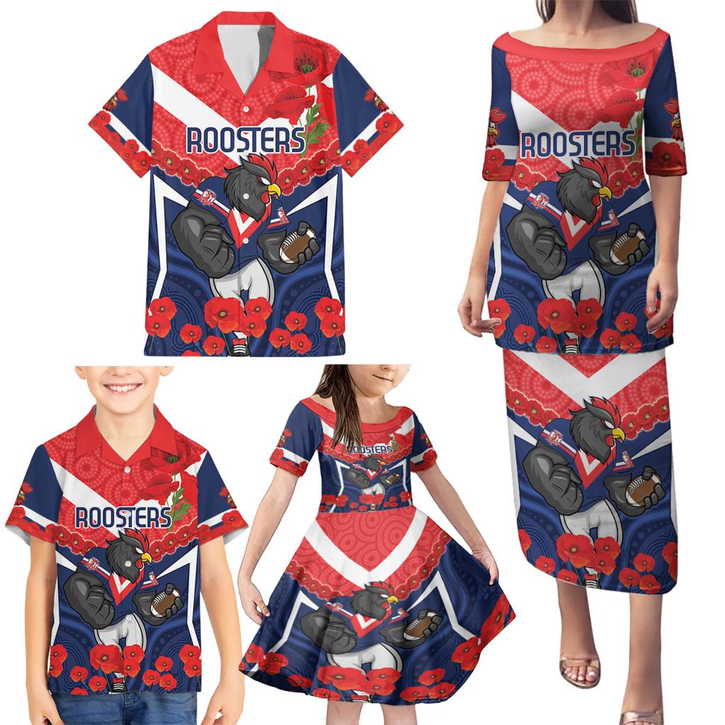 Custom Roosters Rugby ANZAC Family Matching Puletasi and Hawaiian Shirt Sydney Gallipoli Soldier With Aboriginal Art