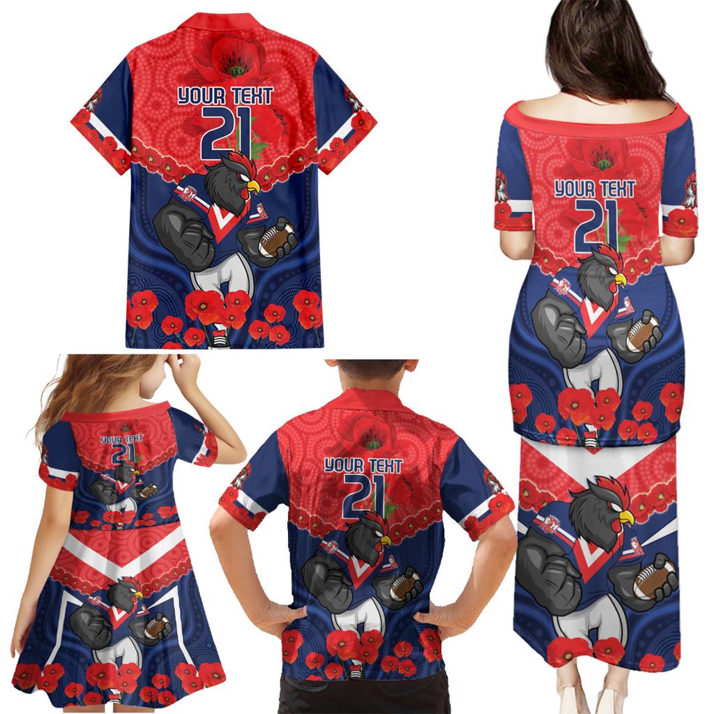 Custom Roosters Rugby ANZAC Family Matching Puletasi and Hawaiian Shirt Sydney Gallipoli Soldier With Aboriginal Art