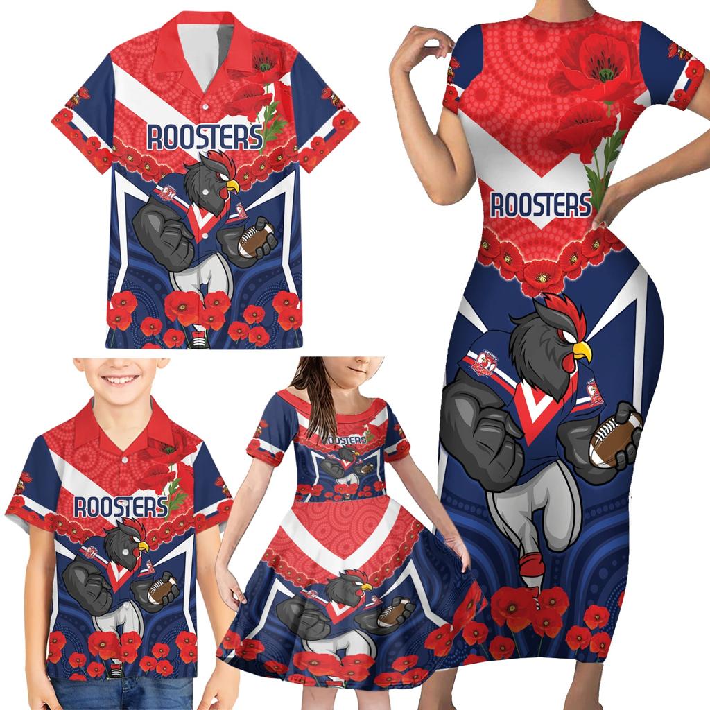 Custom Roosters Rugby ANZAC Family Matching Short Sleeve Bodycon Dress and Hawaiian Shirt Sydney Gallipoli Soldier With Aboriginal Art