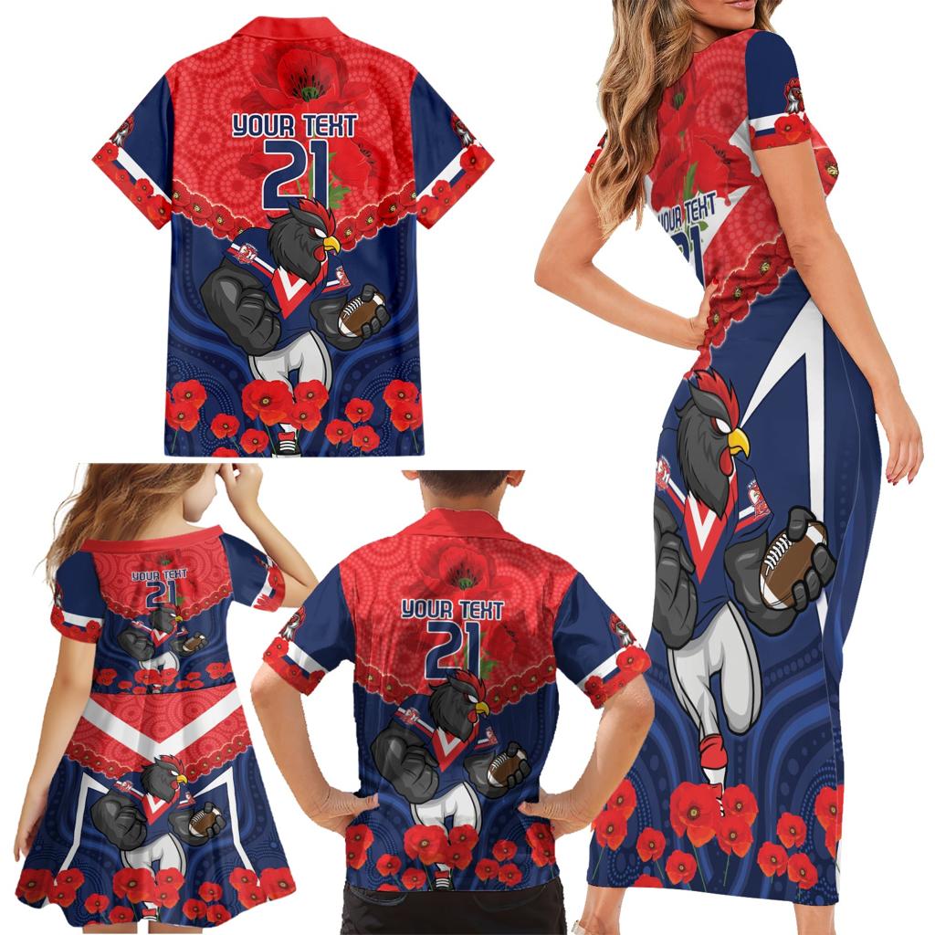 Custom Roosters Rugby ANZAC Family Matching Short Sleeve Bodycon Dress and Hawaiian Shirt Sydney Gallipoli Soldier With Aboriginal Art