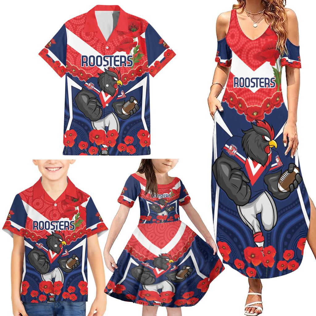 Custom Roosters Rugby ANZAC Family Matching Summer Maxi Dress and Hawaiian Shirt Sydney Gallipoli Soldier With Aboriginal Art