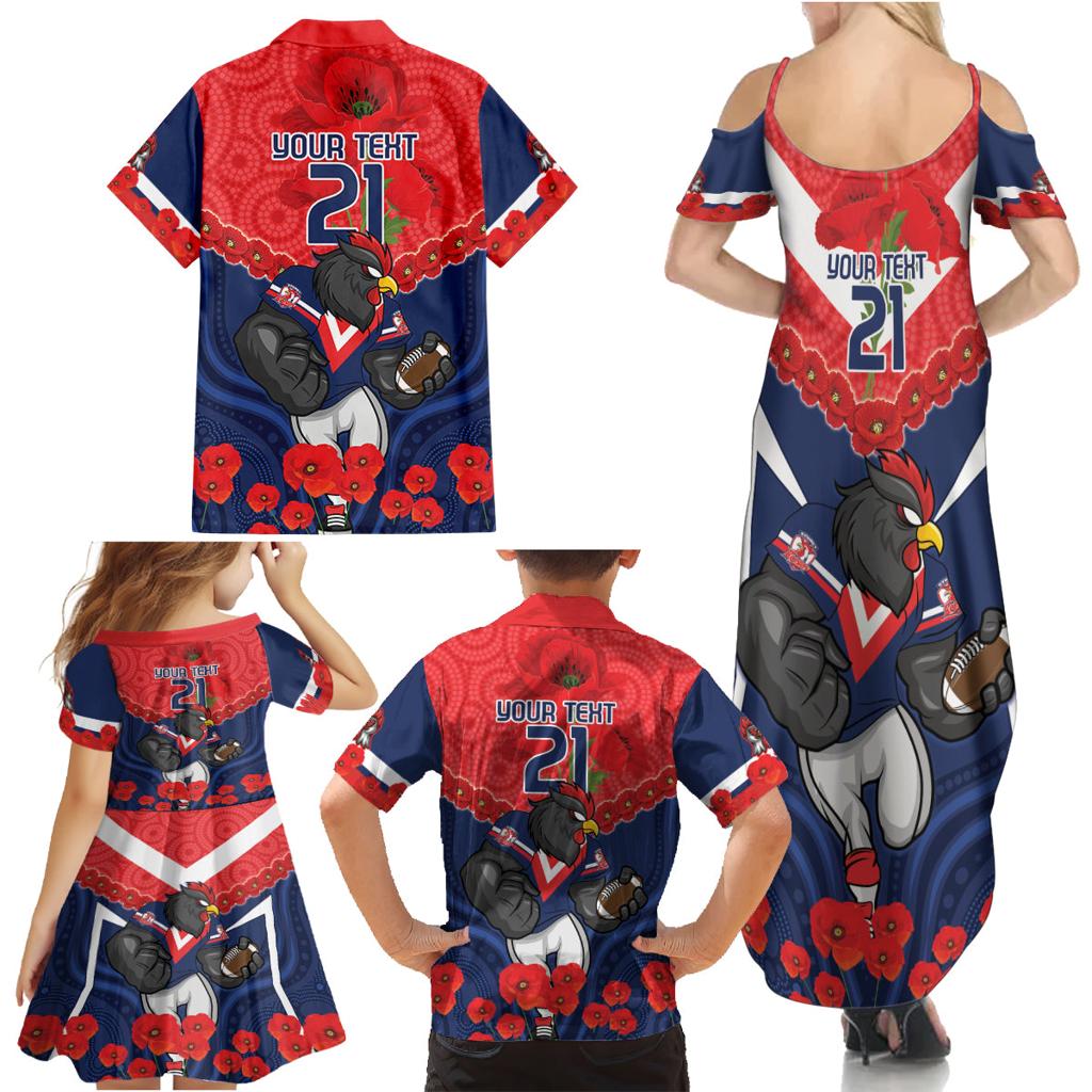 Custom Roosters Rugby ANZAC Family Matching Summer Maxi Dress and Hawaiian Shirt Sydney Gallipoli Soldier With Aboriginal Art