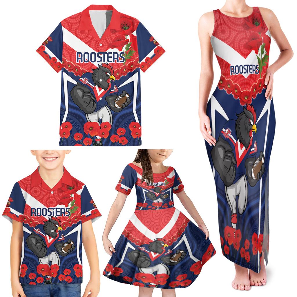 Custom Roosters Rugby ANZAC Family Matching Tank Maxi Dress and Hawaiian Shirt Sydney Gallipoli Soldier With Aboriginal Art