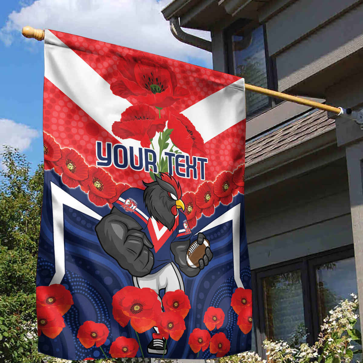 Custom Roosters Rugby ANZAC Garden Flag Sydney Gallipoli Soldier With Aboriginal Art