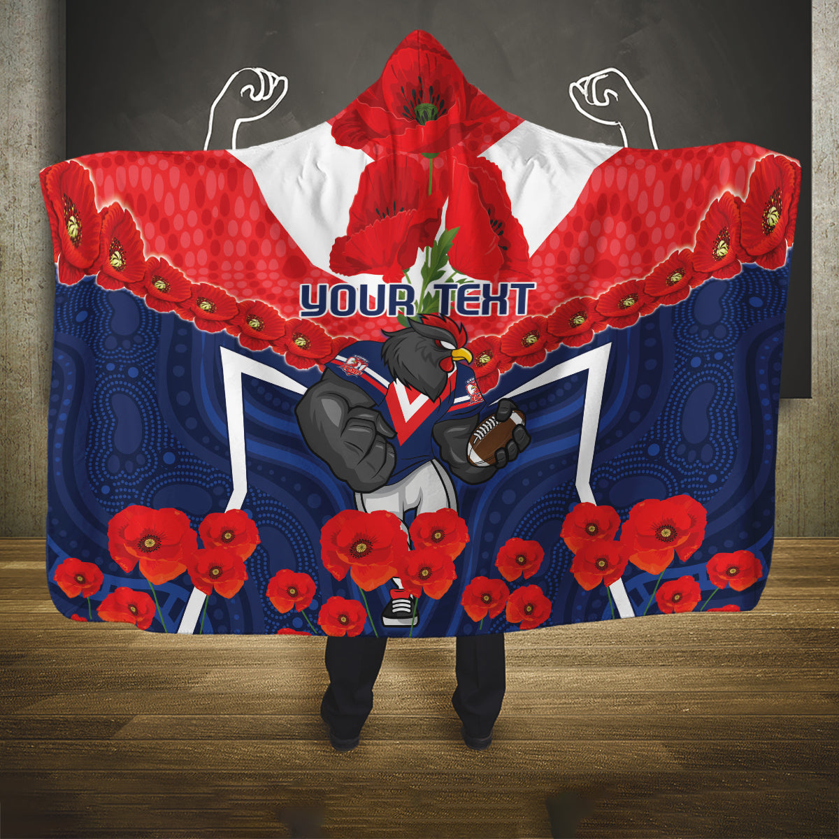 Custom Roosters Rugby ANZAC Hooded Blanket Sydney Gallipoli Soldier With Aboriginal Art