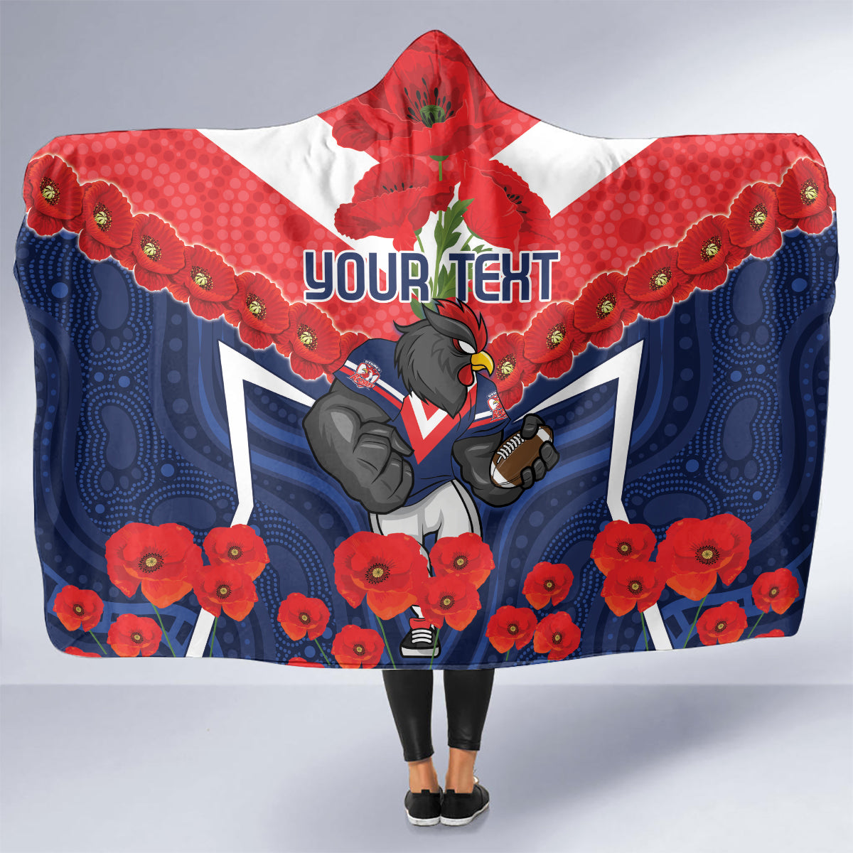 Custom Roosters Rugby ANZAC Hooded Blanket Sydney Gallipoli Soldier With Aboriginal Art