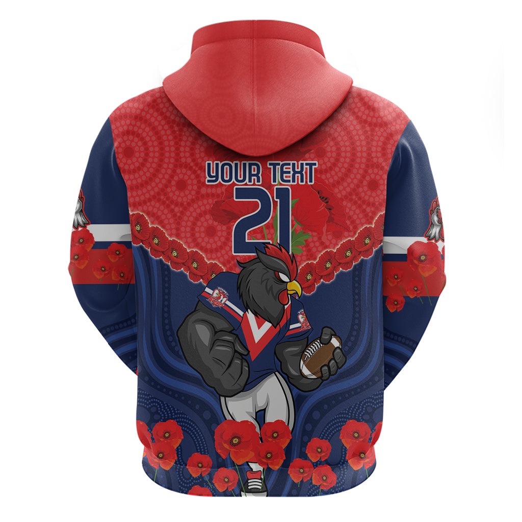 Custom Roosters Rugby ANZAC Hoodie Sydney Gallipoli Soldier With Aboriginal Art