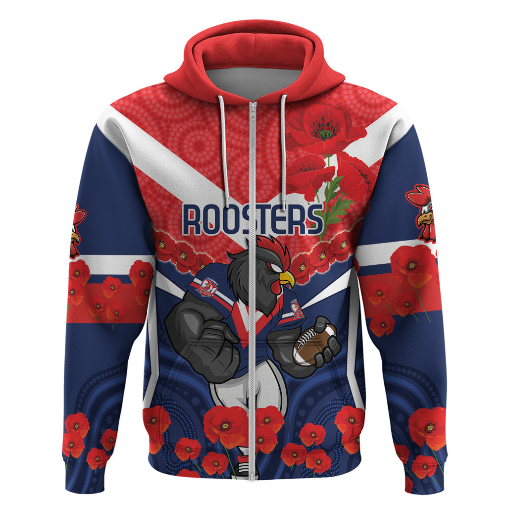 Custom Roosters Rugby ANZAC Hoodie Sydney Gallipoli Soldier With Aboriginal Art