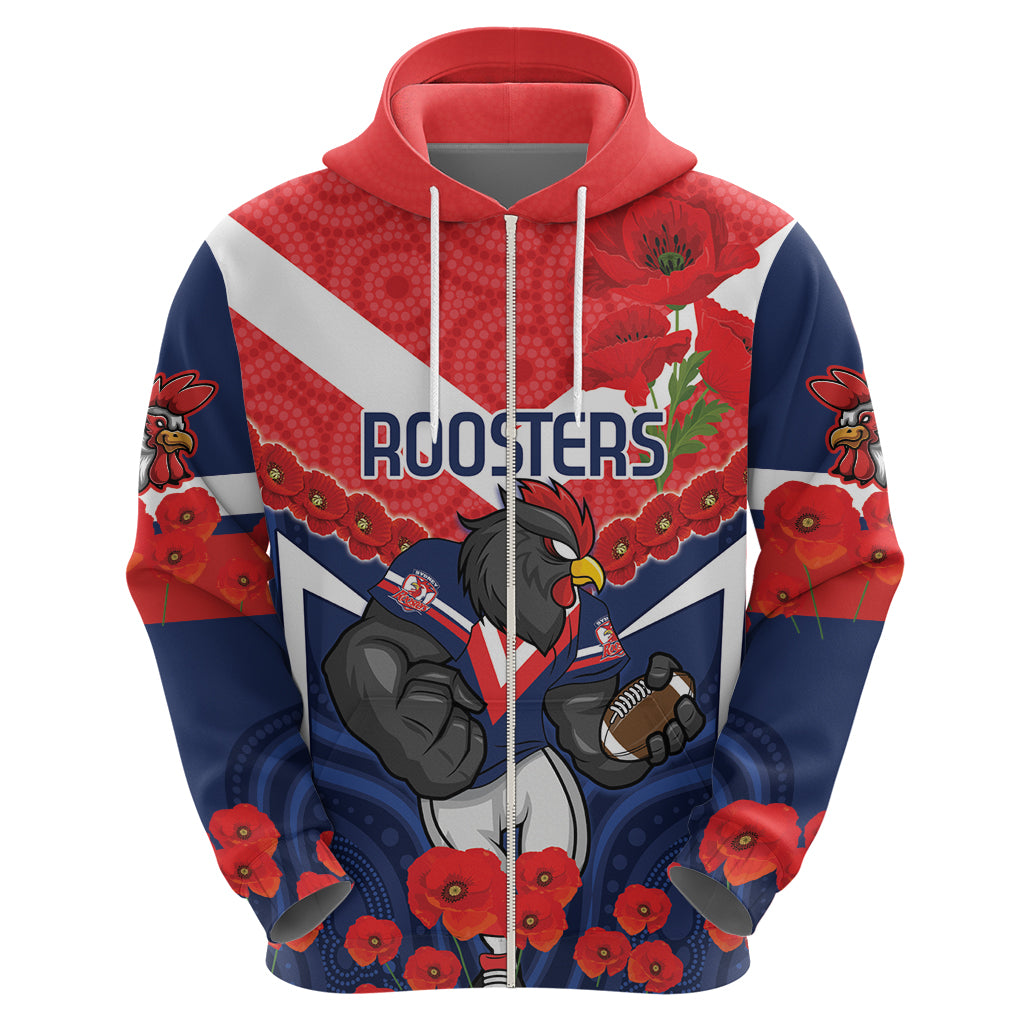 Custom Roosters Rugby ANZAC Hoodie Sydney Gallipoli Soldier With Aboriginal Art