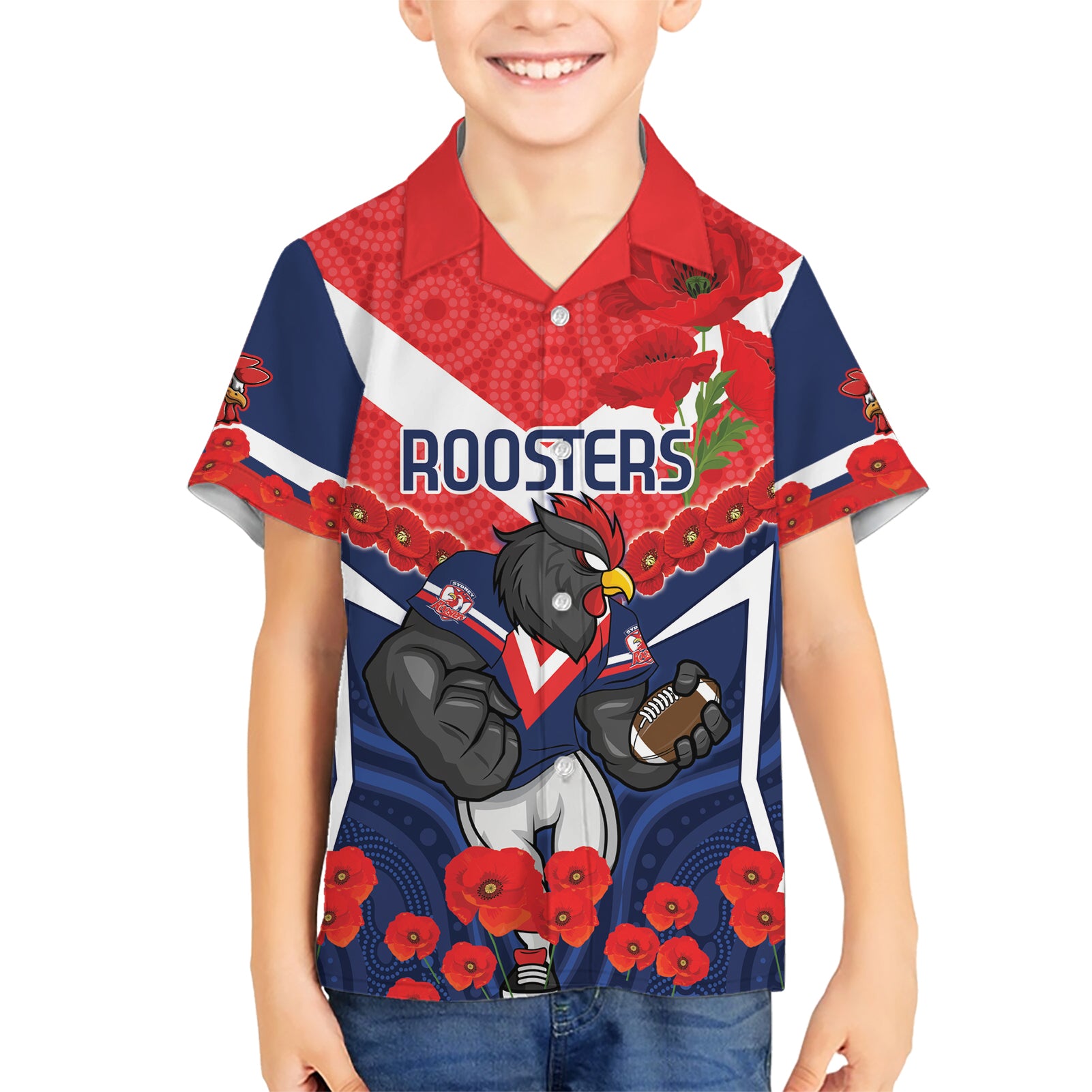 Custom Roosters Rugby ANZAC Kid Hawaiian Shirt Sydney Gallipoli Soldier With Aboriginal Art