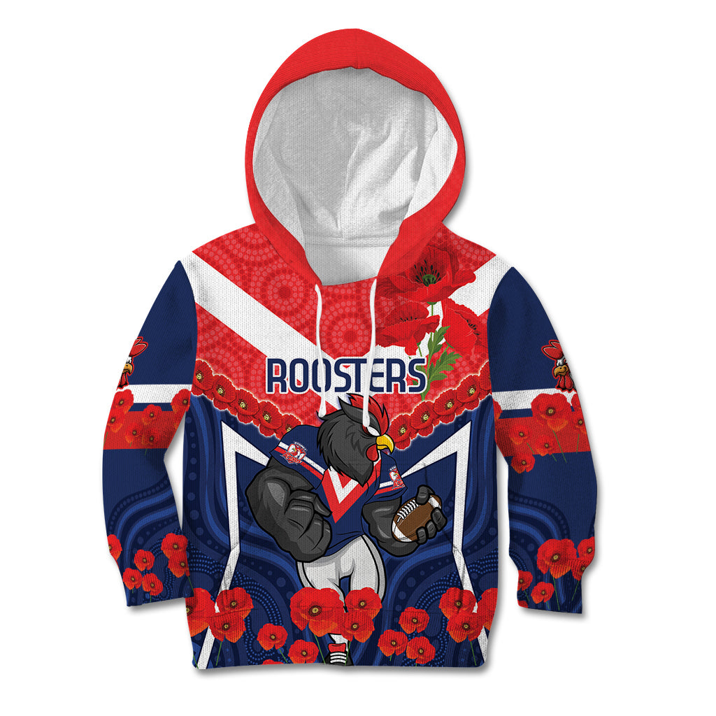 Custom Roosters Rugby ANZAC Kid Hoodie Sydney Gallipoli Soldier With Aboriginal Art