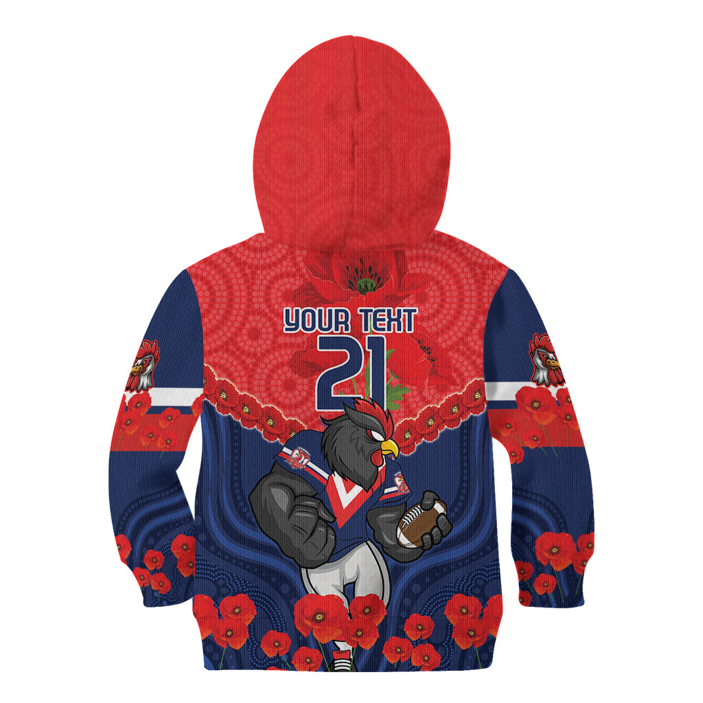 Custom Roosters Rugby ANZAC Kid Hoodie Sydney Gallipoli Soldier With Aboriginal Art