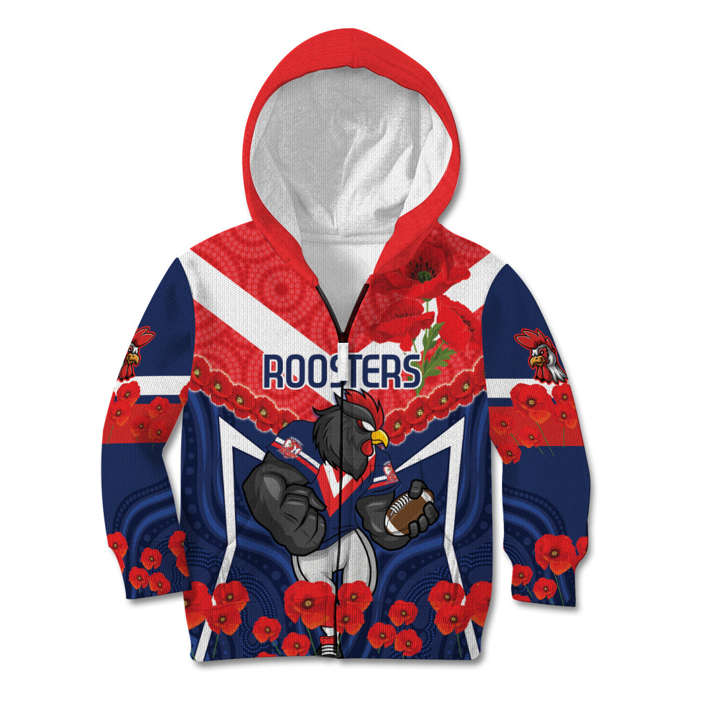 Custom Roosters Rugby ANZAC Kid Hoodie Sydney Gallipoli Soldier With Aboriginal Art