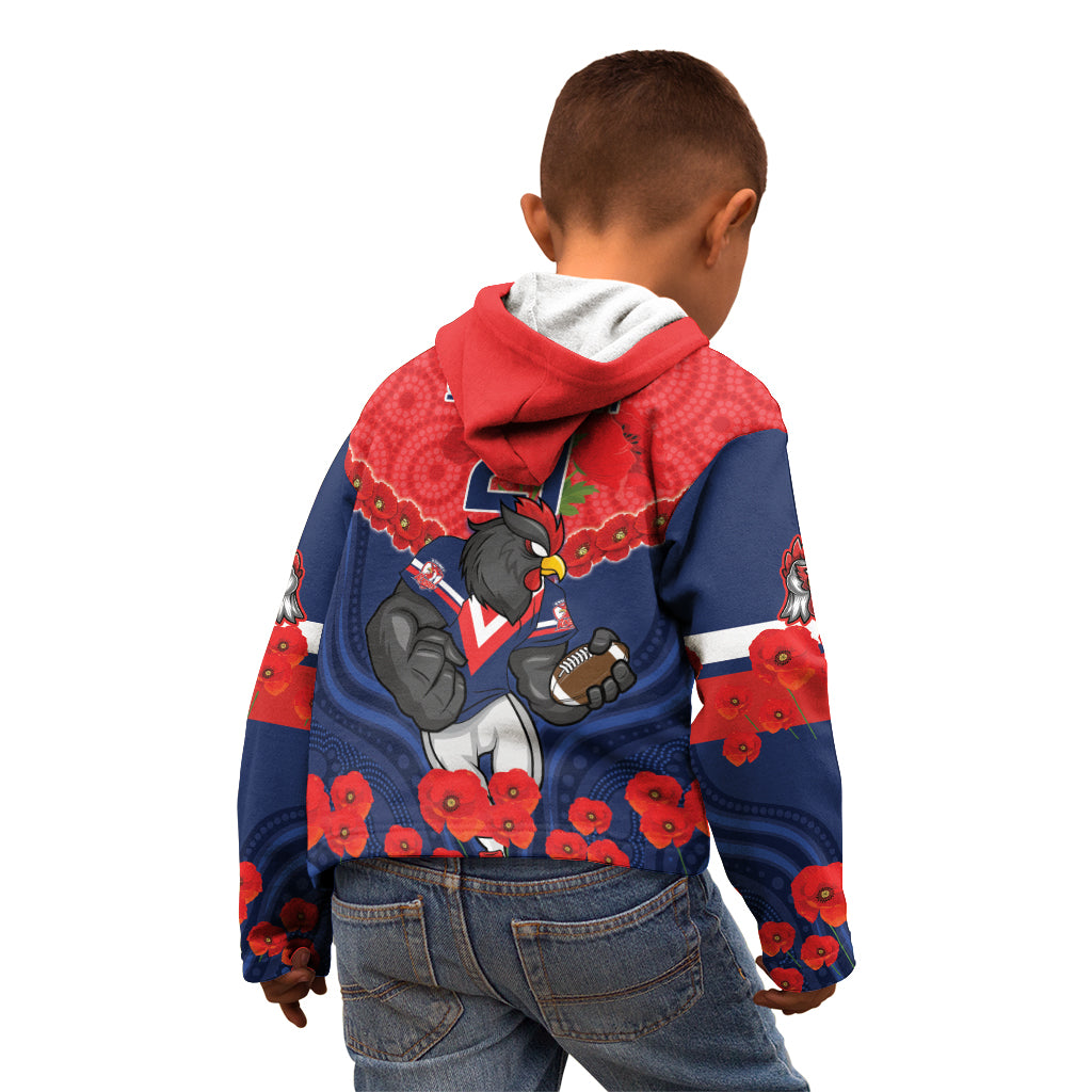 Custom Roosters Rugby ANZAC Kid Hoodie Sydney Gallipoli Soldier With Aboriginal Art