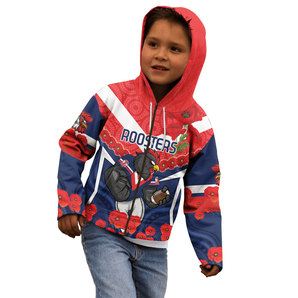 Custom Roosters Rugby ANZAC Kid Hoodie Sydney Gallipoli Soldier With Aboriginal Art