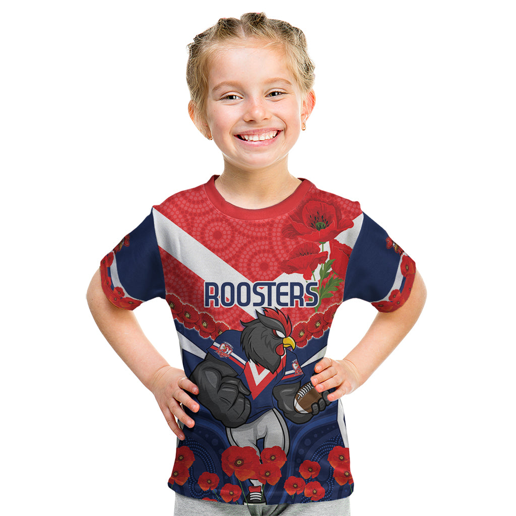 Custom Roosters Rugby ANZAC Kid T Shirt Sydney Gallipoli Soldier With Aboriginal Art