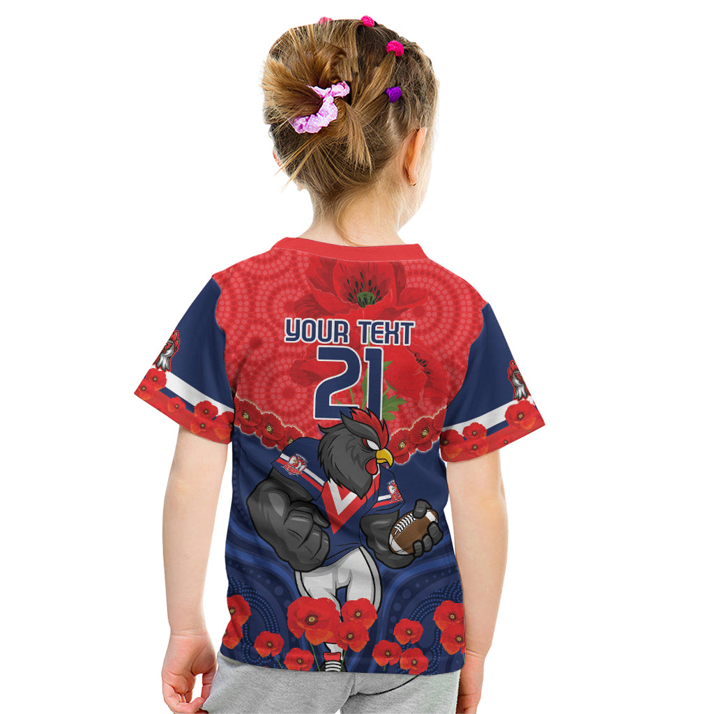 Custom Roosters Rugby ANZAC Kid T Shirt Sydney Gallipoli Soldier With Aboriginal Art