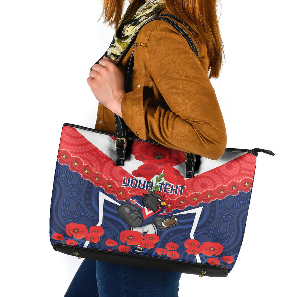 Custom Roosters Rugby ANZAC Leather Tote Bag Sydney Gallipoli Soldier With Aboriginal Art