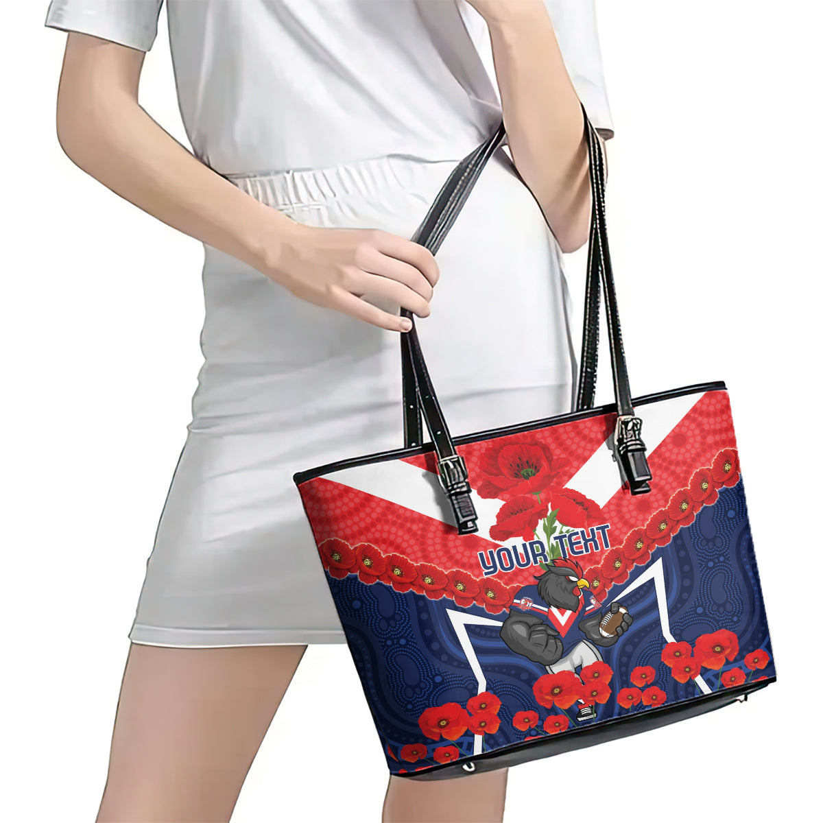 Custom Roosters Rugby ANZAC Leather Tote Bag Sydney Gallipoli Soldier With Aboriginal Art