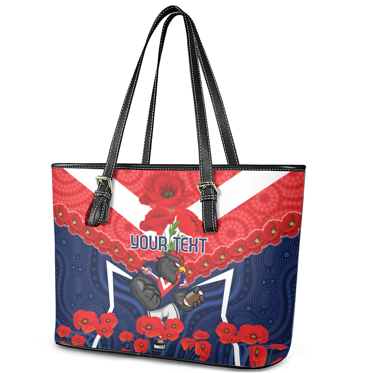 Custom Roosters Rugby ANZAC Leather Tote Bag Sydney Gallipoli Soldier With Aboriginal Art