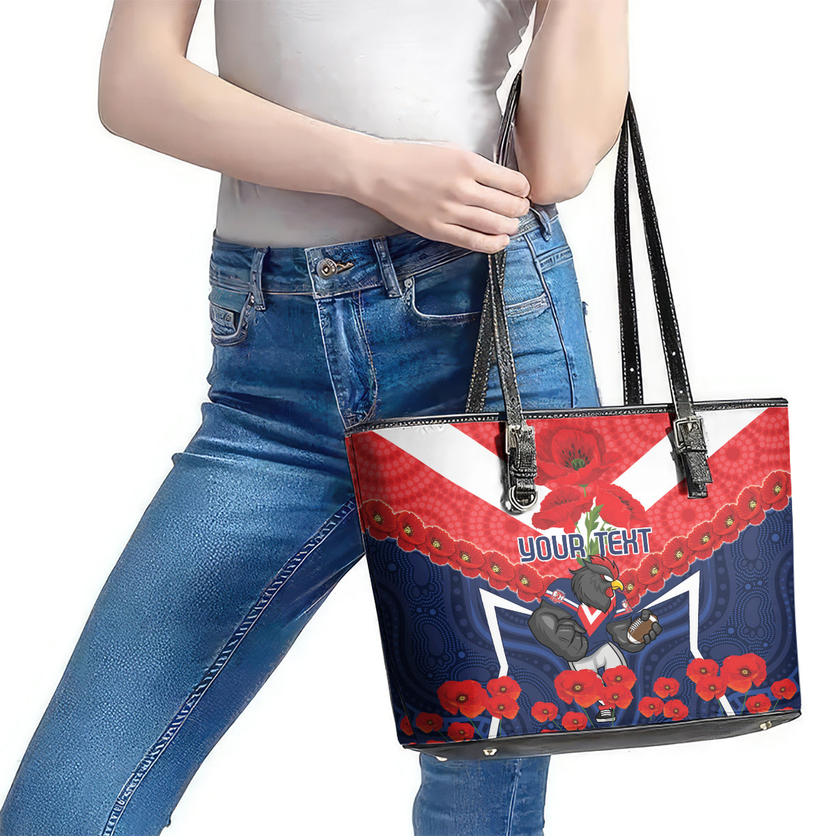 Custom Roosters Rugby ANZAC Leather Tote Bag Sydney Gallipoli Soldier With Aboriginal Art