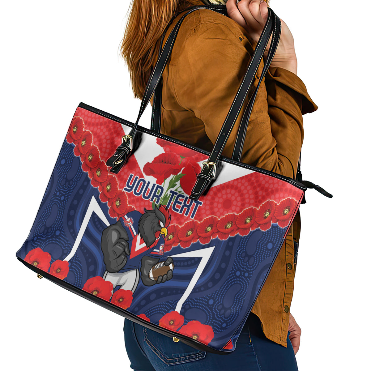 Custom Roosters Rugby ANZAC Leather Tote Bag Sydney Gallipoli Soldier With Aboriginal Art