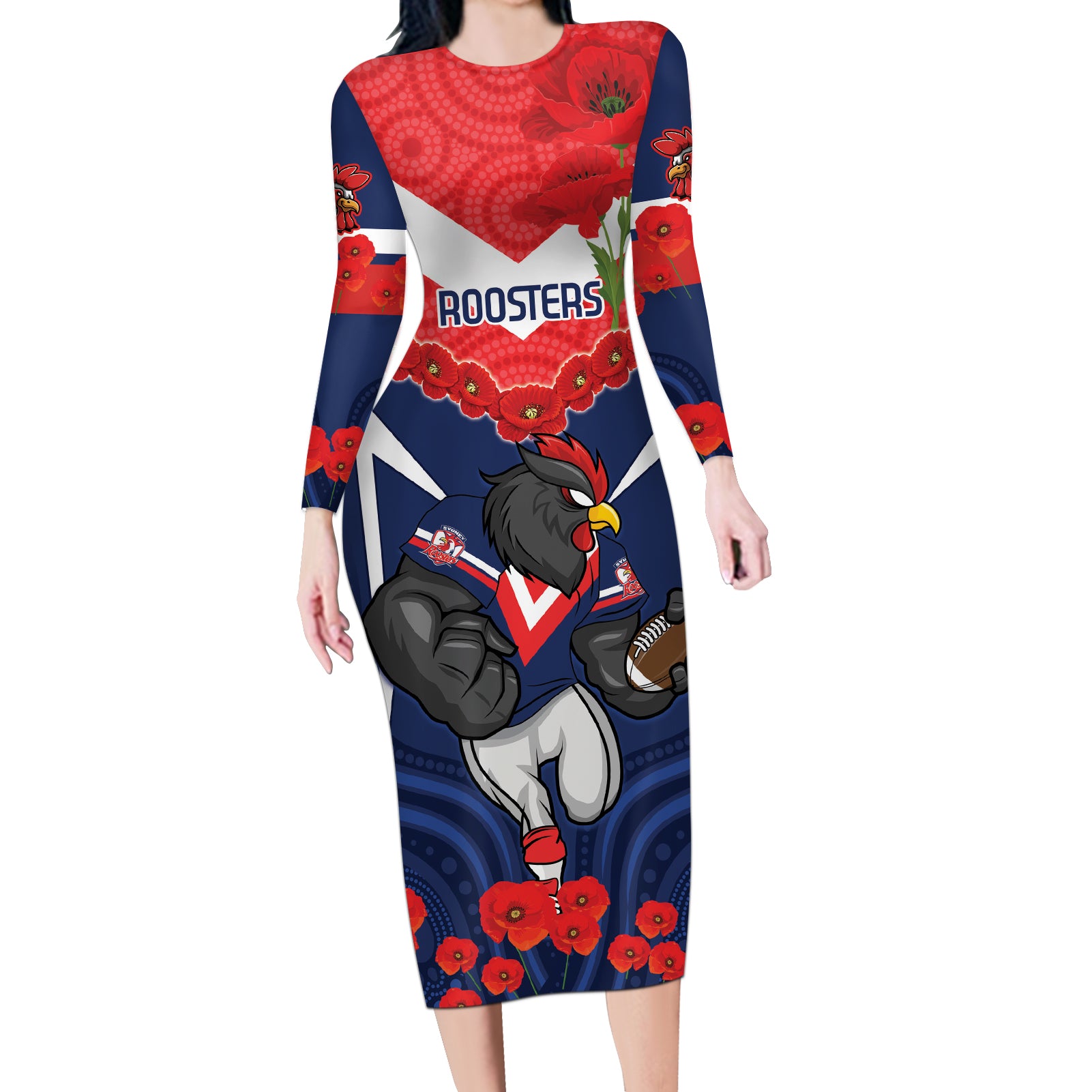 Custom Roosters Rugby ANZAC Long Sleeve Bodycon Dress Sydney Gallipoli Soldier With Aboriginal Art