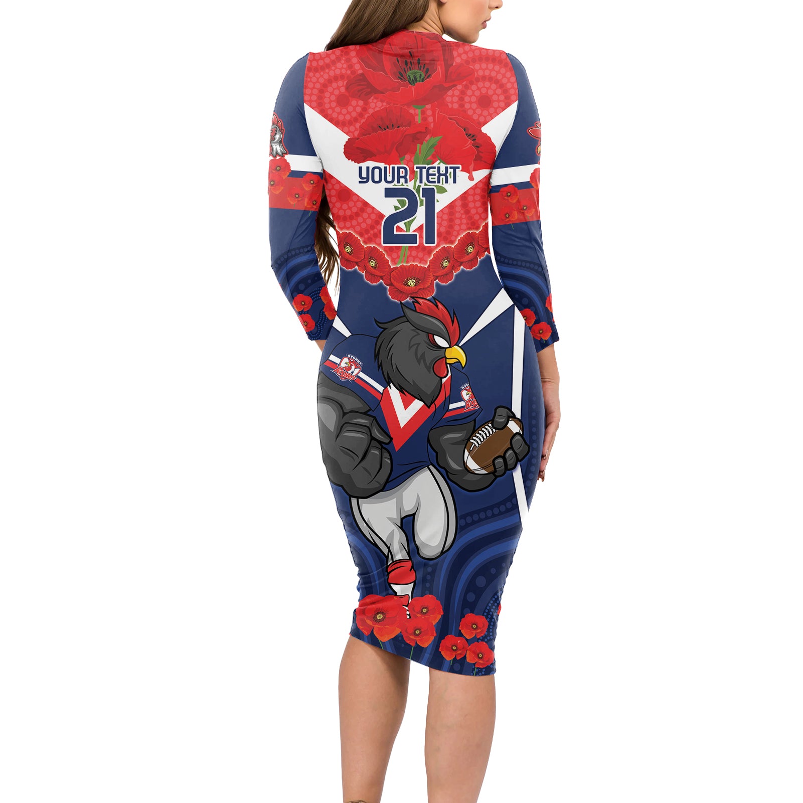 Custom Roosters Rugby ANZAC Long Sleeve Bodycon Dress Sydney Gallipoli Soldier With Aboriginal Art