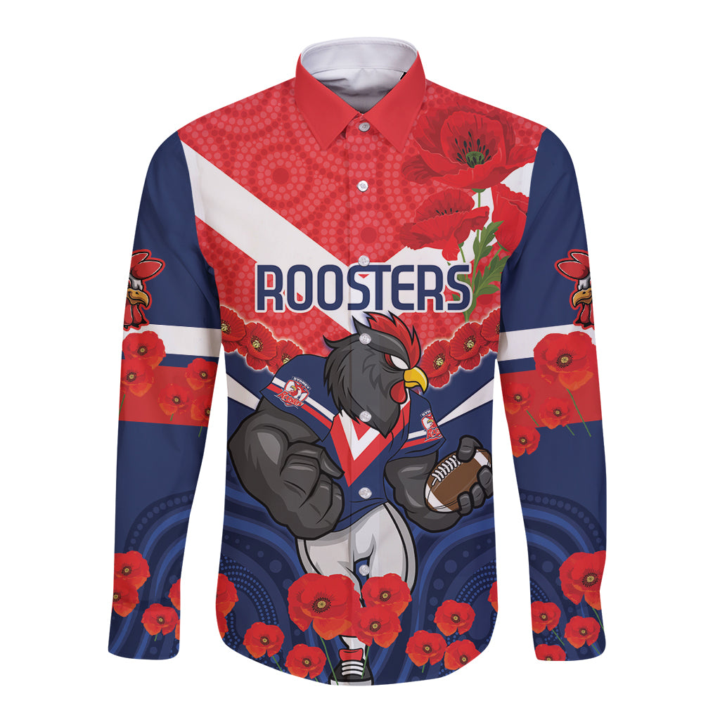 Custom Roosters Rugby ANZAC Long Sleeve Button Shirt Sydney Gallipoli Soldier With Aboriginal Art