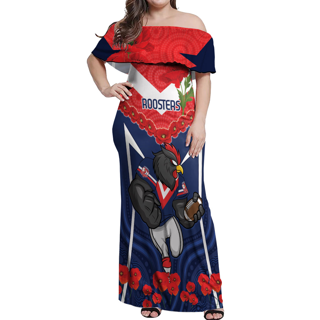 Custom Roosters Rugby ANZAC Off Shoulder Maxi Dress Sydney Gallipoli Soldier With Aboriginal Art