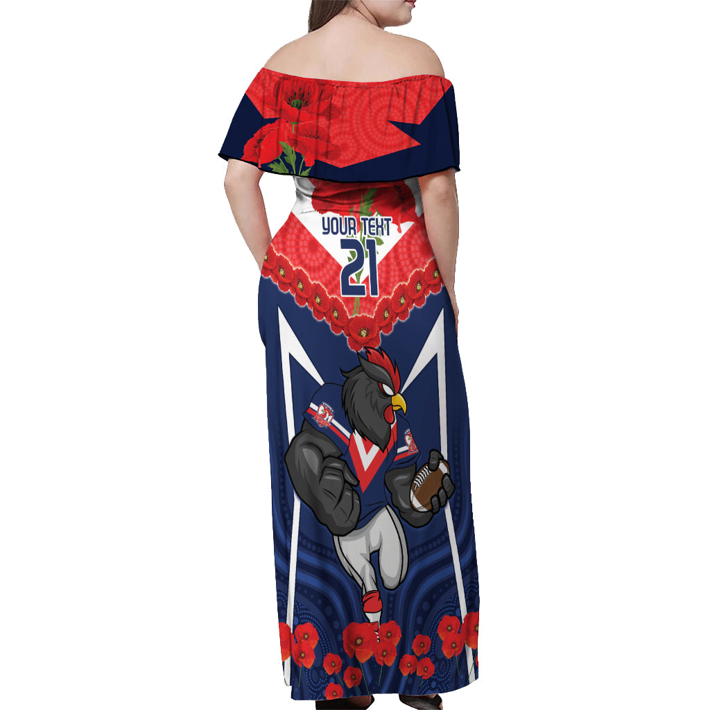 Custom Roosters Rugby ANZAC Off Shoulder Maxi Dress Sydney Gallipoli Soldier With Aboriginal Art