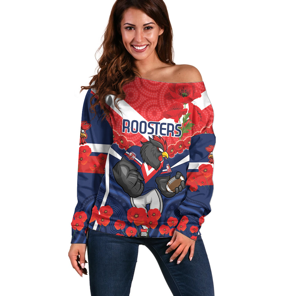 Custom Roosters Rugby ANZAC Off Shoulder Sweater Sydney Gallipoli Soldier With Aboriginal Art