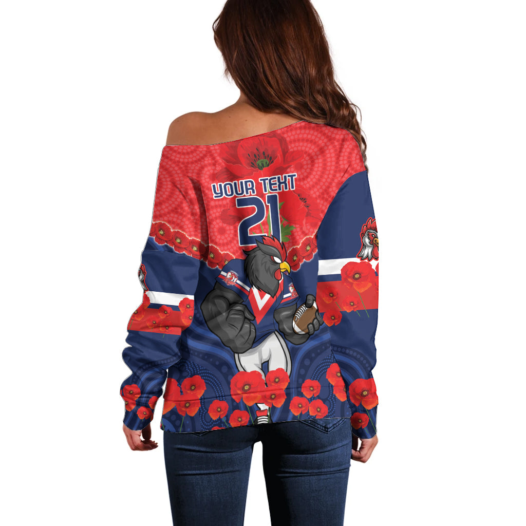 Custom Roosters Rugby ANZAC Off Shoulder Sweater Sydney Gallipoli Soldier With Aboriginal Art